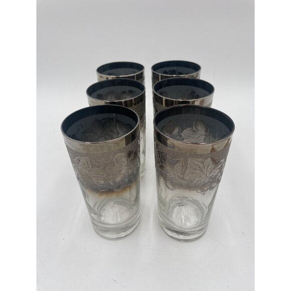 Vintage Silver-Trimmed Ombre Floral Highball Glasses Set Of 6 1950’s Set Of 7 Do - Picture 2 of 5